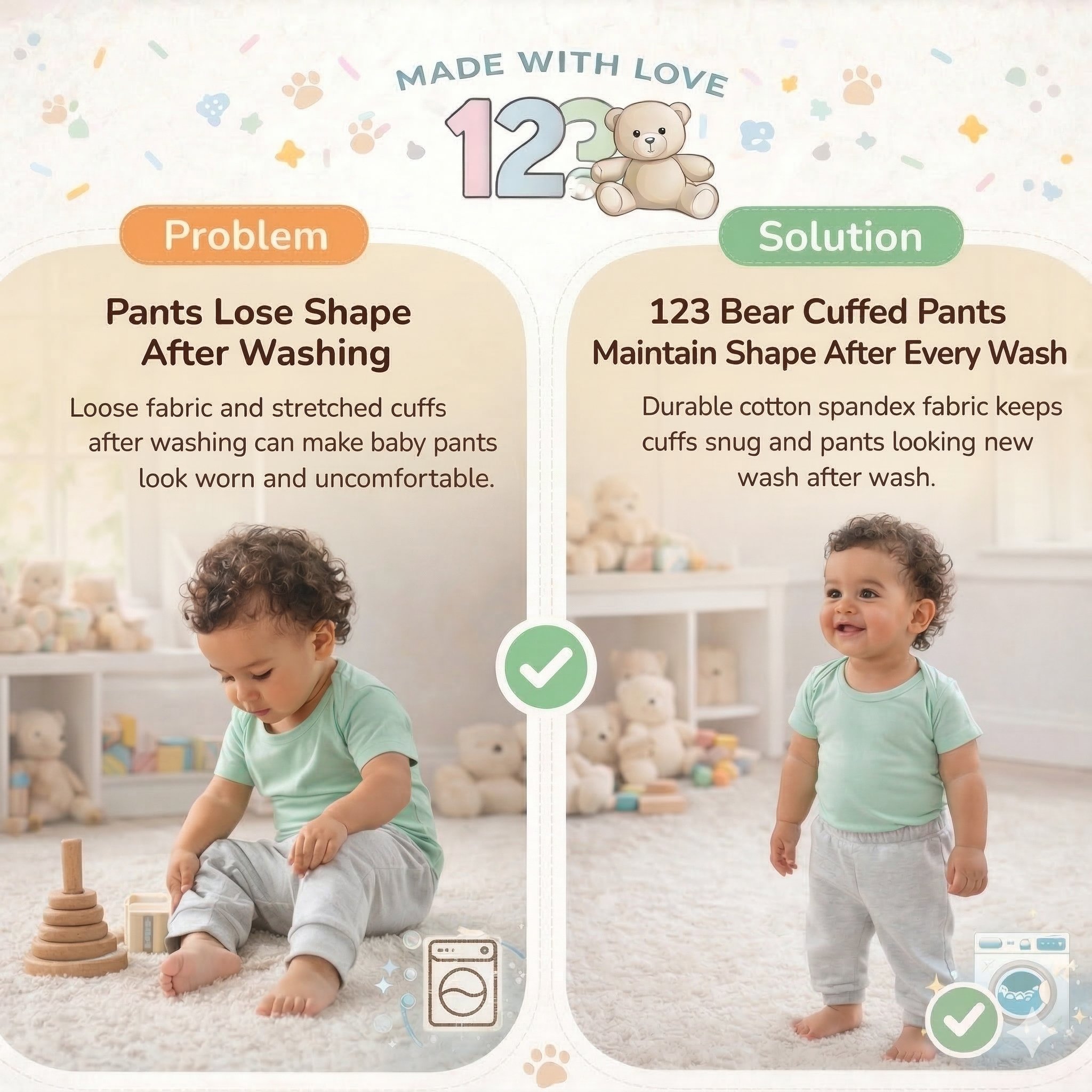 123 Bear Ultra-Soft Cotton Spandex Baby Pants- Multipack