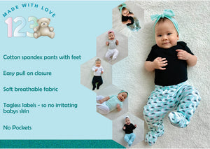 123 Bear Baby Pants With Feet - Soft Cotton Spandex Footed Pants With Covered Elastic Waist