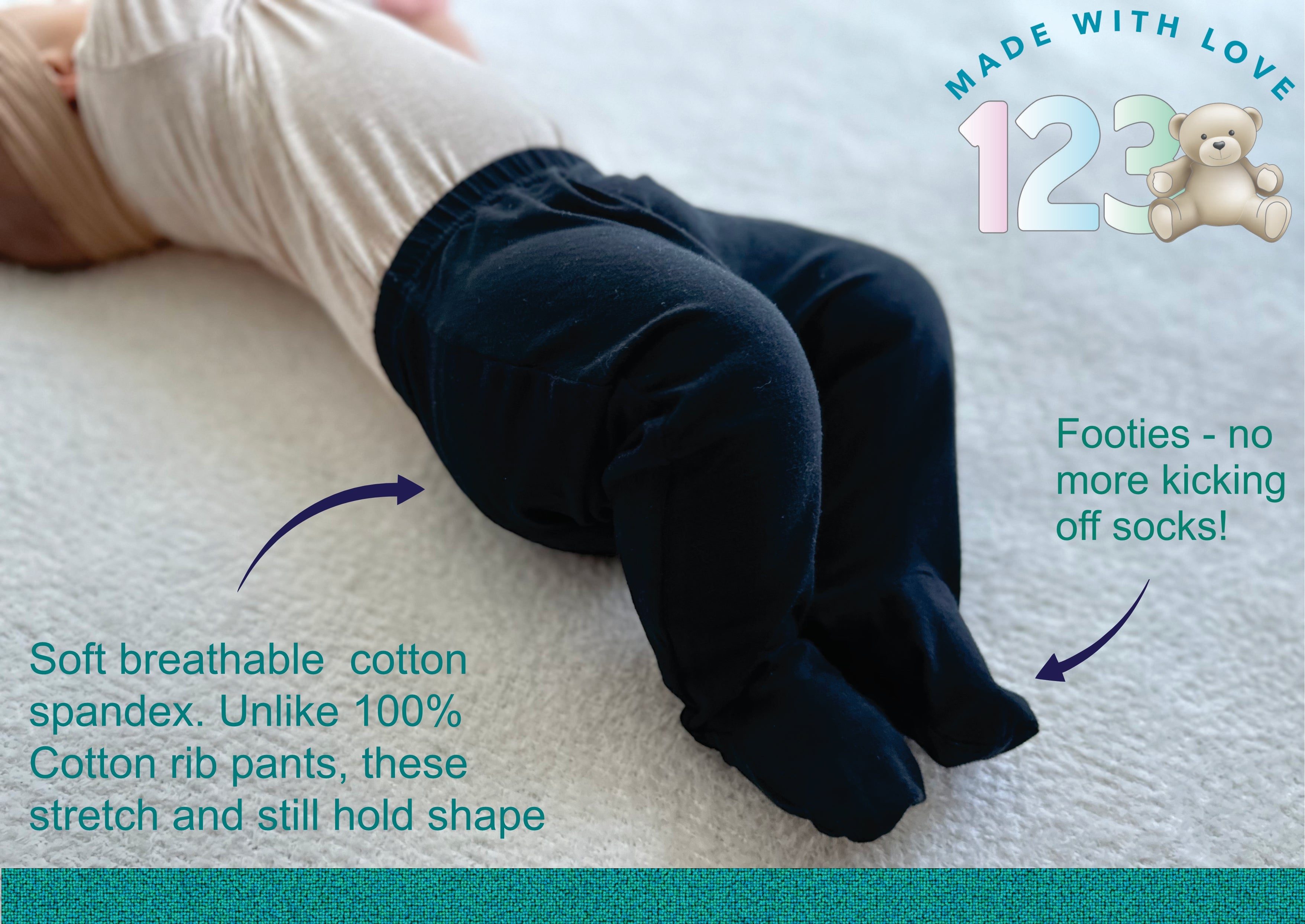 123 Bear Cotton Spandex Baby Pants with feet / Baby leggings with Feet - 4 Pack