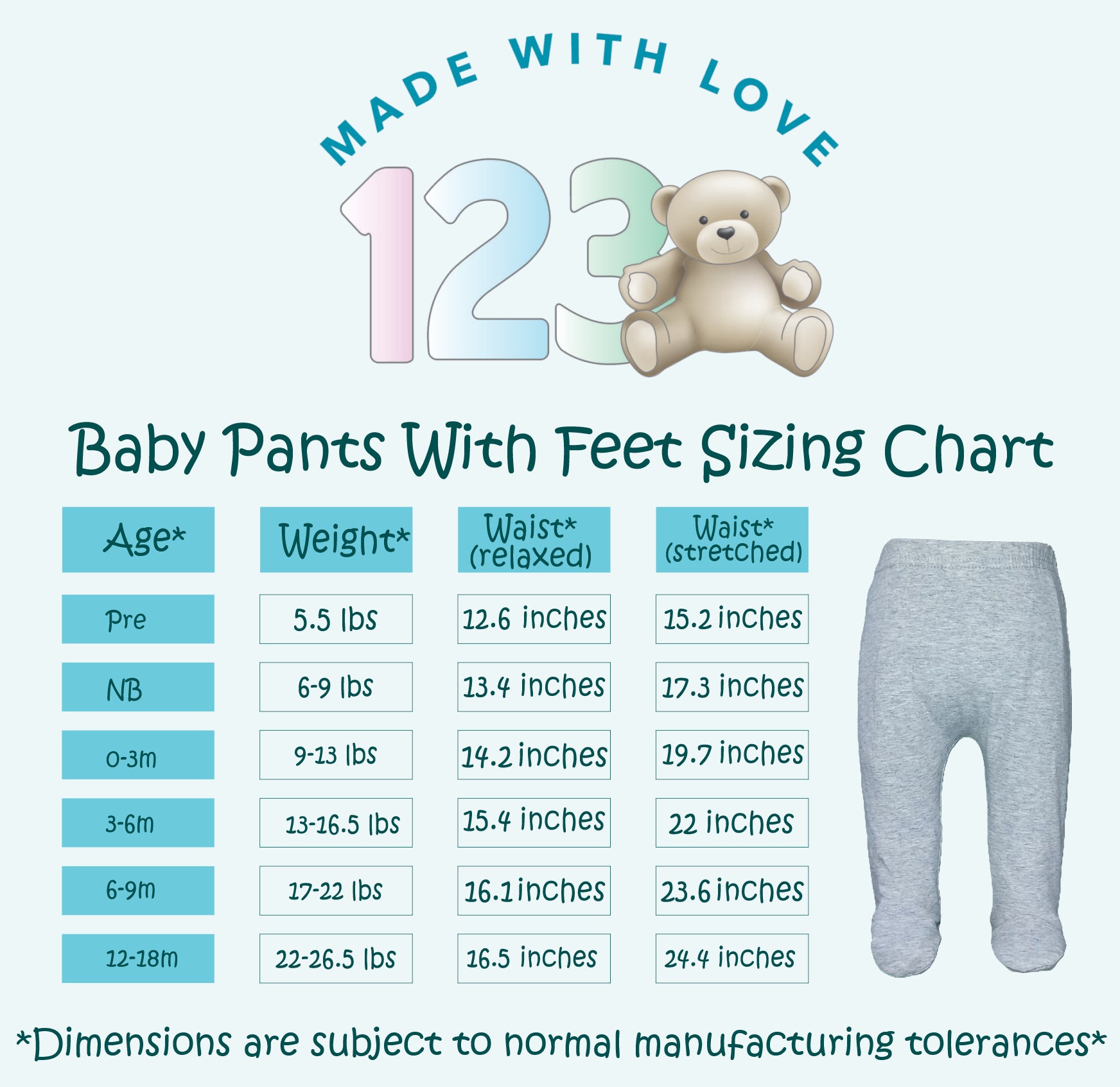 123 Bear Cotton Spandex Baby Pants with feet / Baby leggings with Feet - 4 Pack