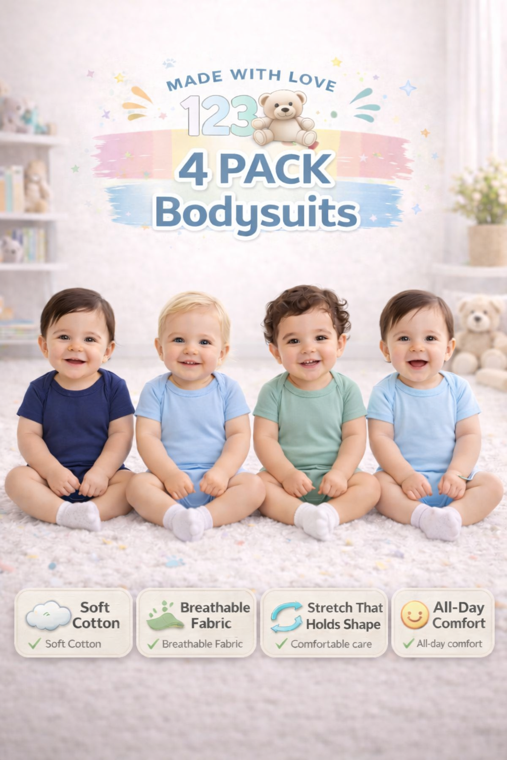 123 Bear Cotton Spandex Baby Bodysuits- Short Sleeve Multipack(Boys)