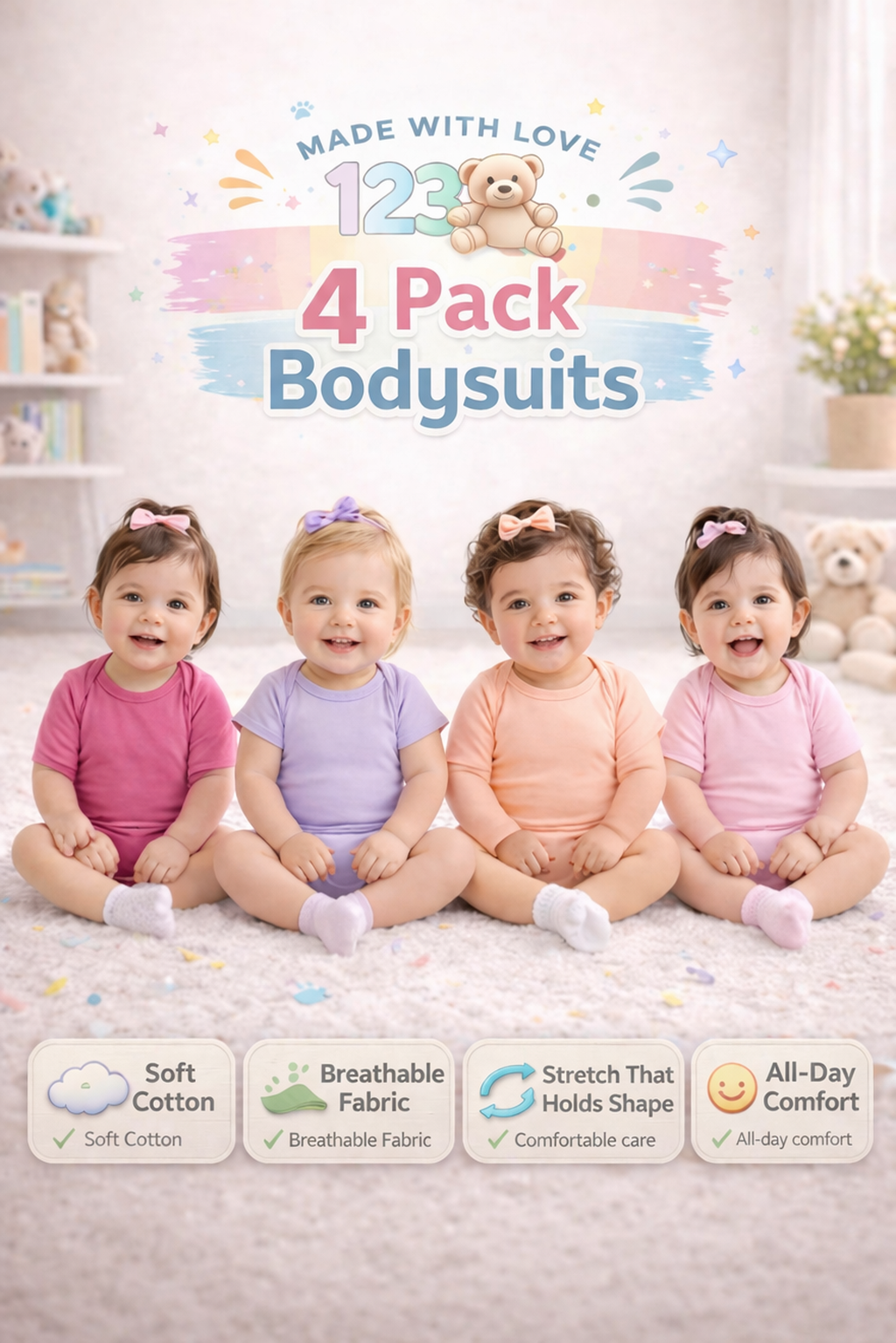 123 Bear Cotton Spandex Baby Bodysuits- Short Sleeve Multipack(Girls)