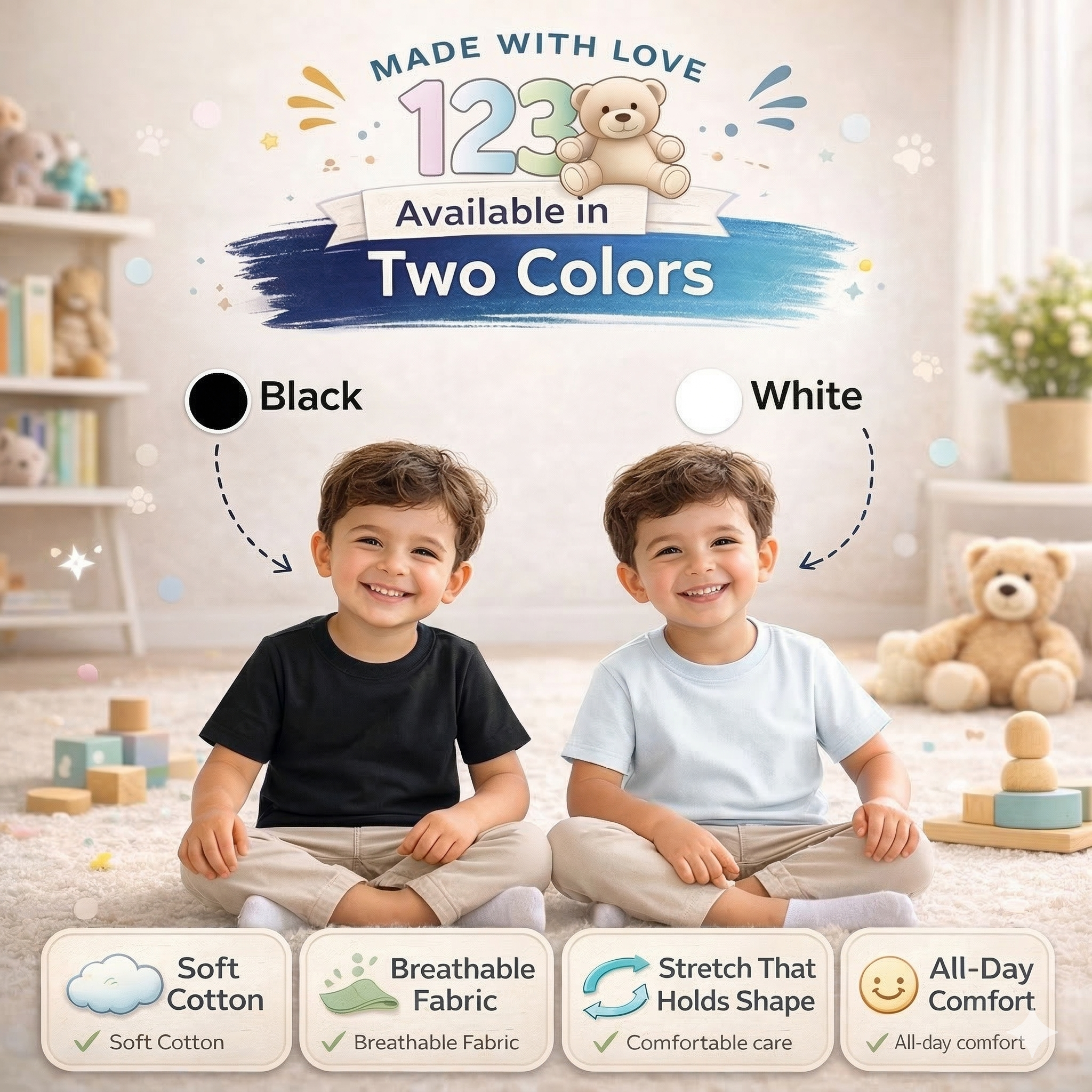 123 Bear Infant & Toddler Soft Cotton Spandex Short Sleeve T-Shirts, Plain Tees for Boys & Girls