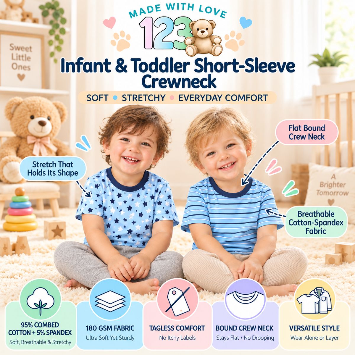 123 Bear Infant & Toddler Soft Cotton Spandex Short Sleeve T-Shirts, Plain Tees for Boys & Girls