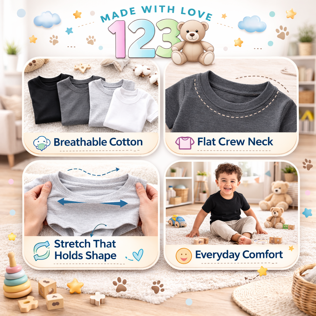 123 Bear Infant & Toddler Soft Cotton Spandex Short Sleeve T-Shirts, Plain Tees for Boys & Girls
