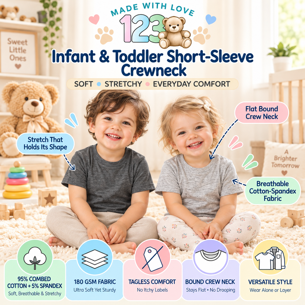 123 Bear Infant & Toddler Soft Cotton Spandex Short Sleeve T-Shirts, Plain Tees for Boys & Girls
