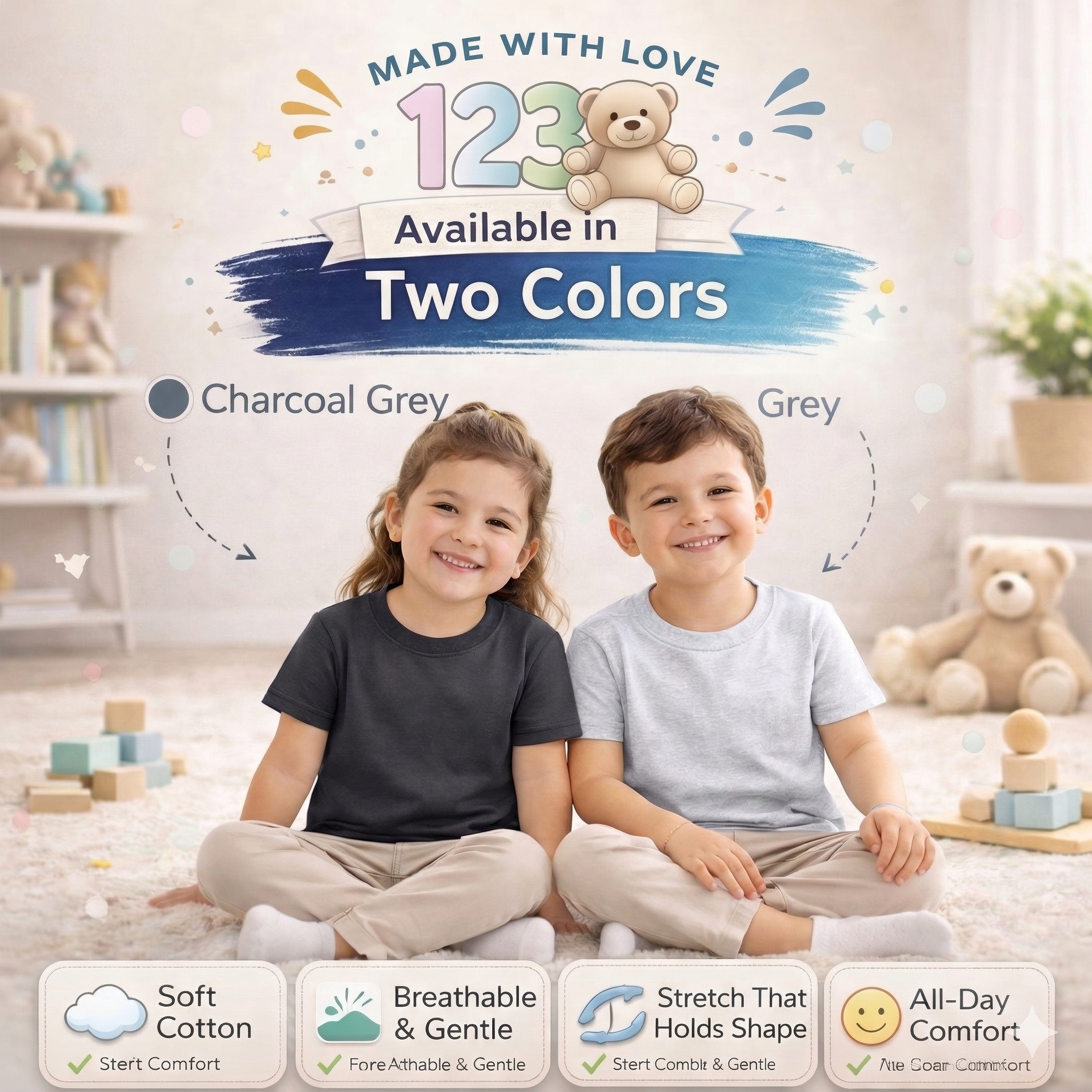 123 Bear Infant & Toddler Soft Cotton Spandex Short Sleeve T-Shirts, Plain Tees for Boys & Girls