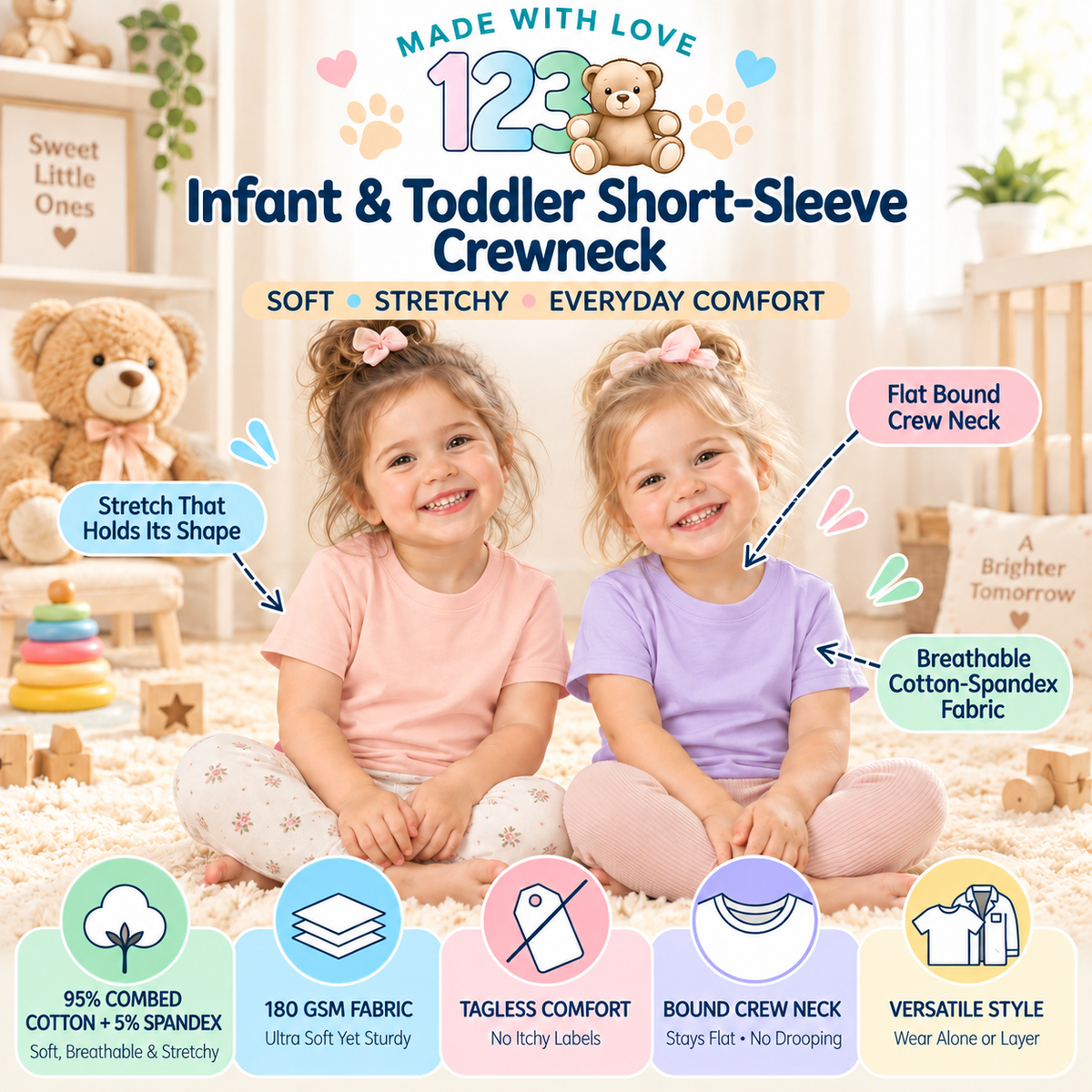 123 Bear Infant & Toddler Soft Cotton Spandex Short Sleeve T-Shirts, Plain Tees for Boys & Girls