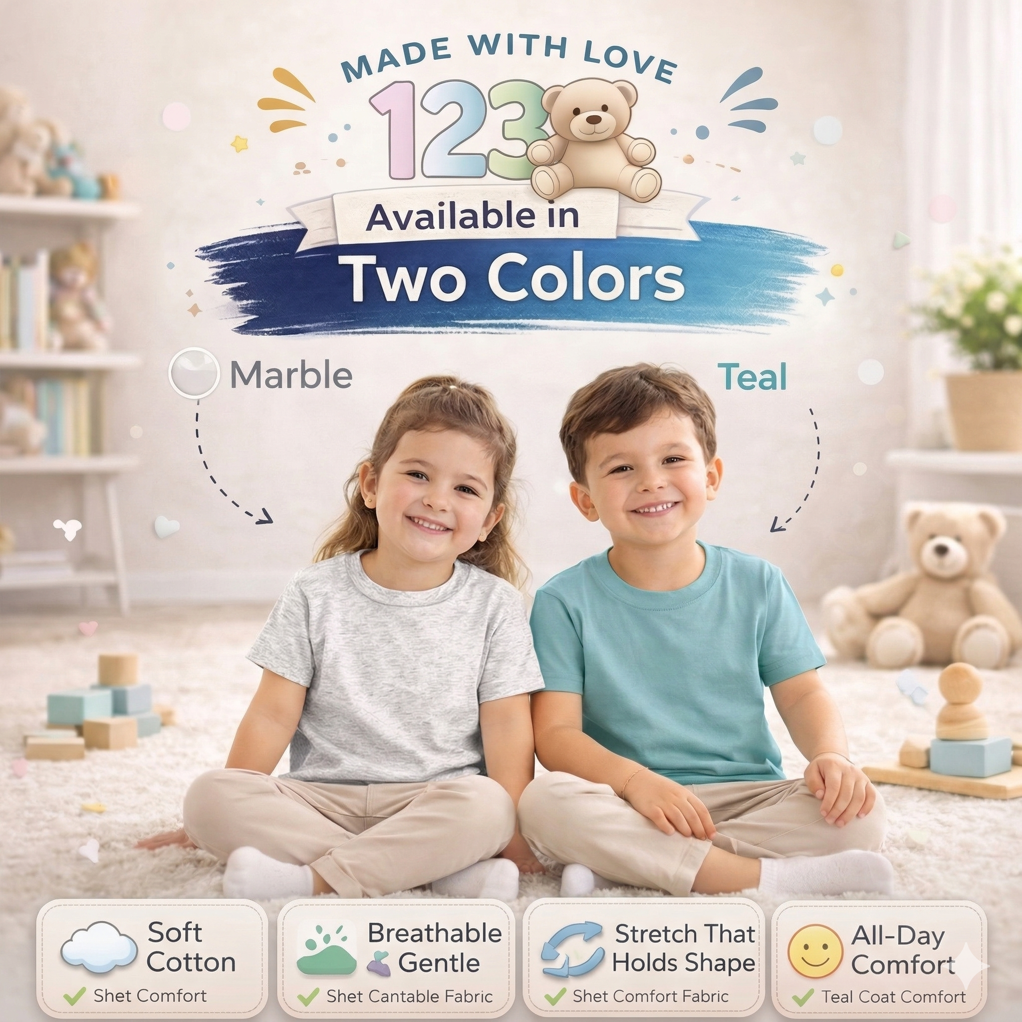123 Bear Infant & Toddler Soft Cotton Spandex Short Sleeve T-Shirts, Plain Tees for Boys & Girls