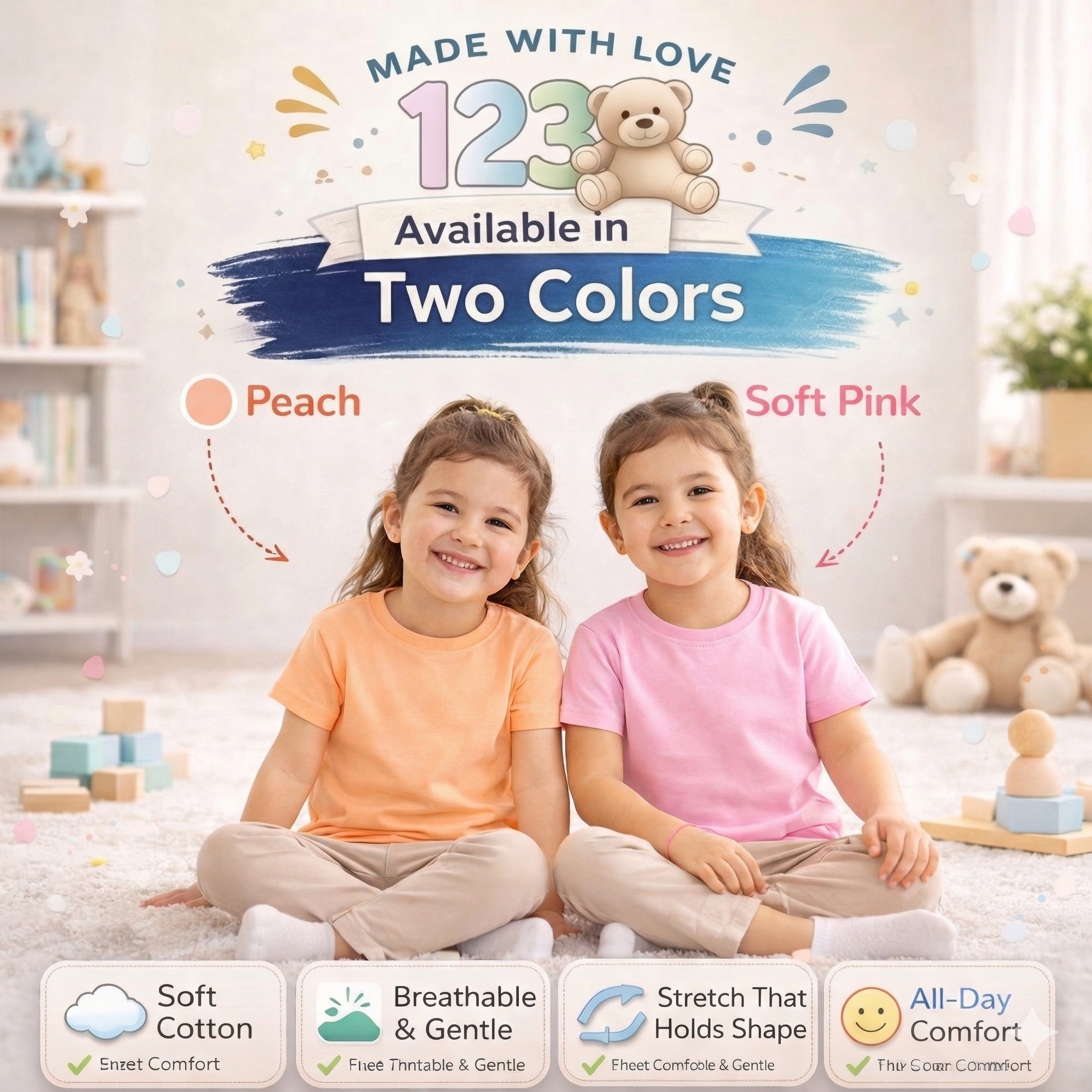 123 Bear Infant & Toddler Soft Cotton Spandex Short Sleeve T-Shirts, Plain Tees for Boys & Girls