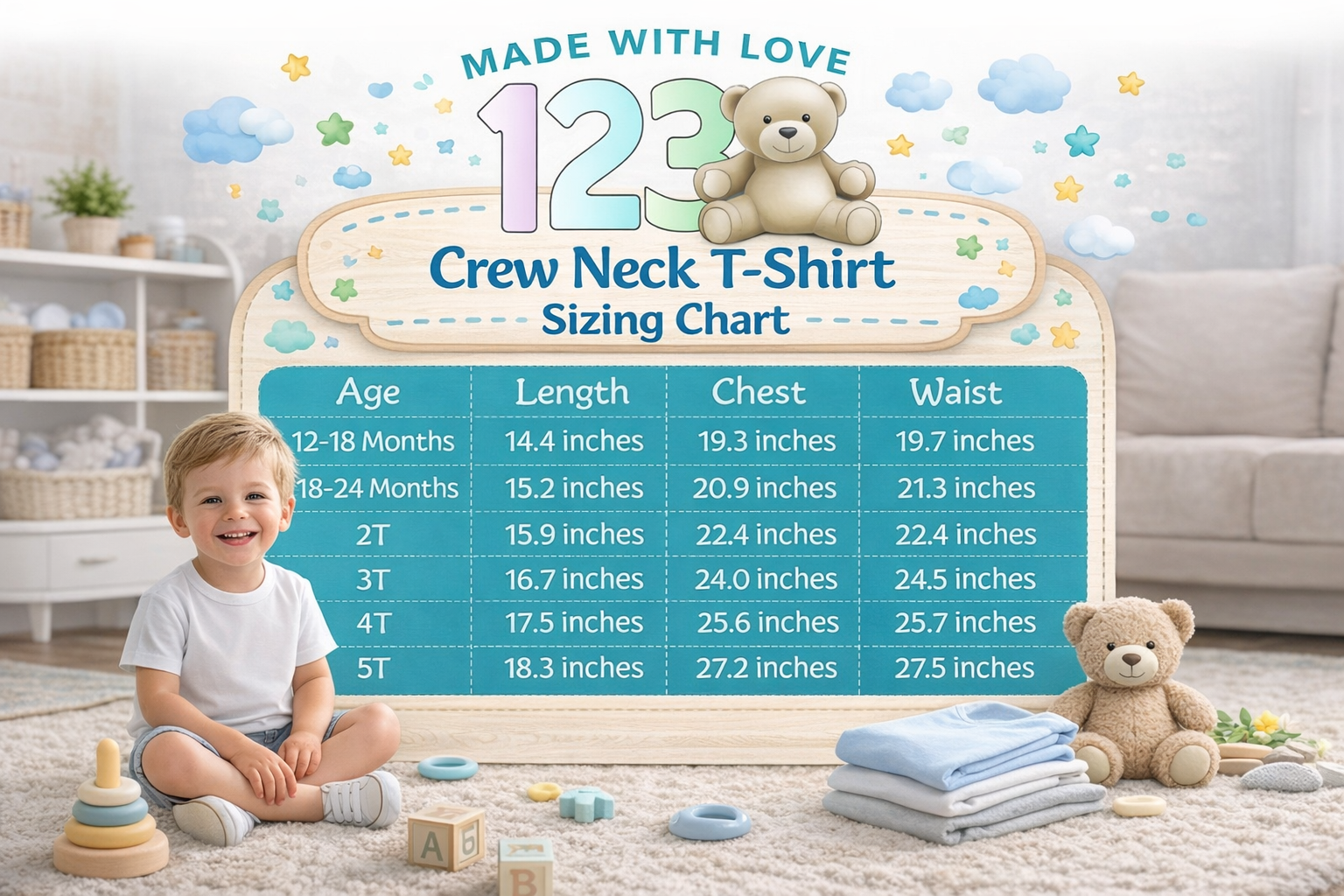 123 Bear Infant & Toddler Soft Cotton Spandex Short Sleeve T-Shirts, Plain Tees for Boys & Girls