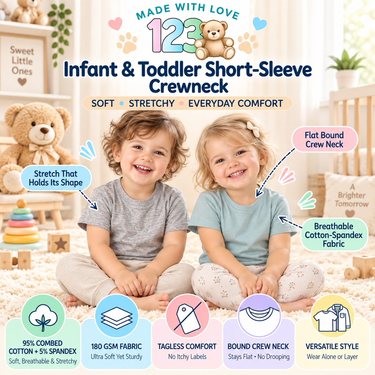 123 Bear Infant & Toddler Soft Cotton Spandex Short Sleeve T-Shirts, Plain Tees for Boys & Girls