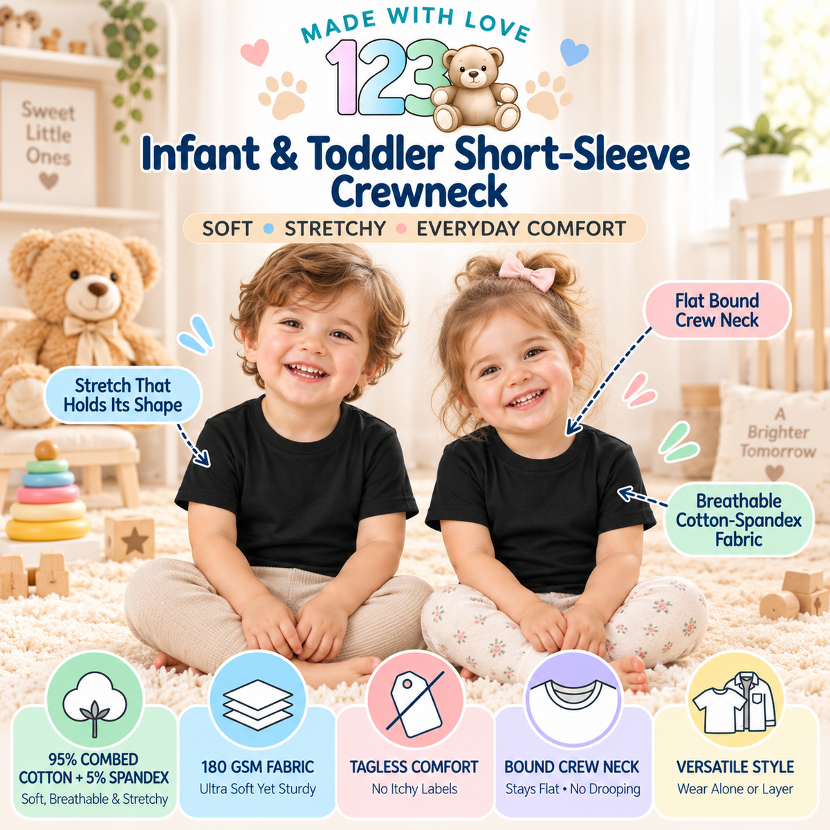 123 Bear Infant & Toddler Soft Cotton Spandex Short Sleeve T-Shirts, Plain Tees for Boys & Girls