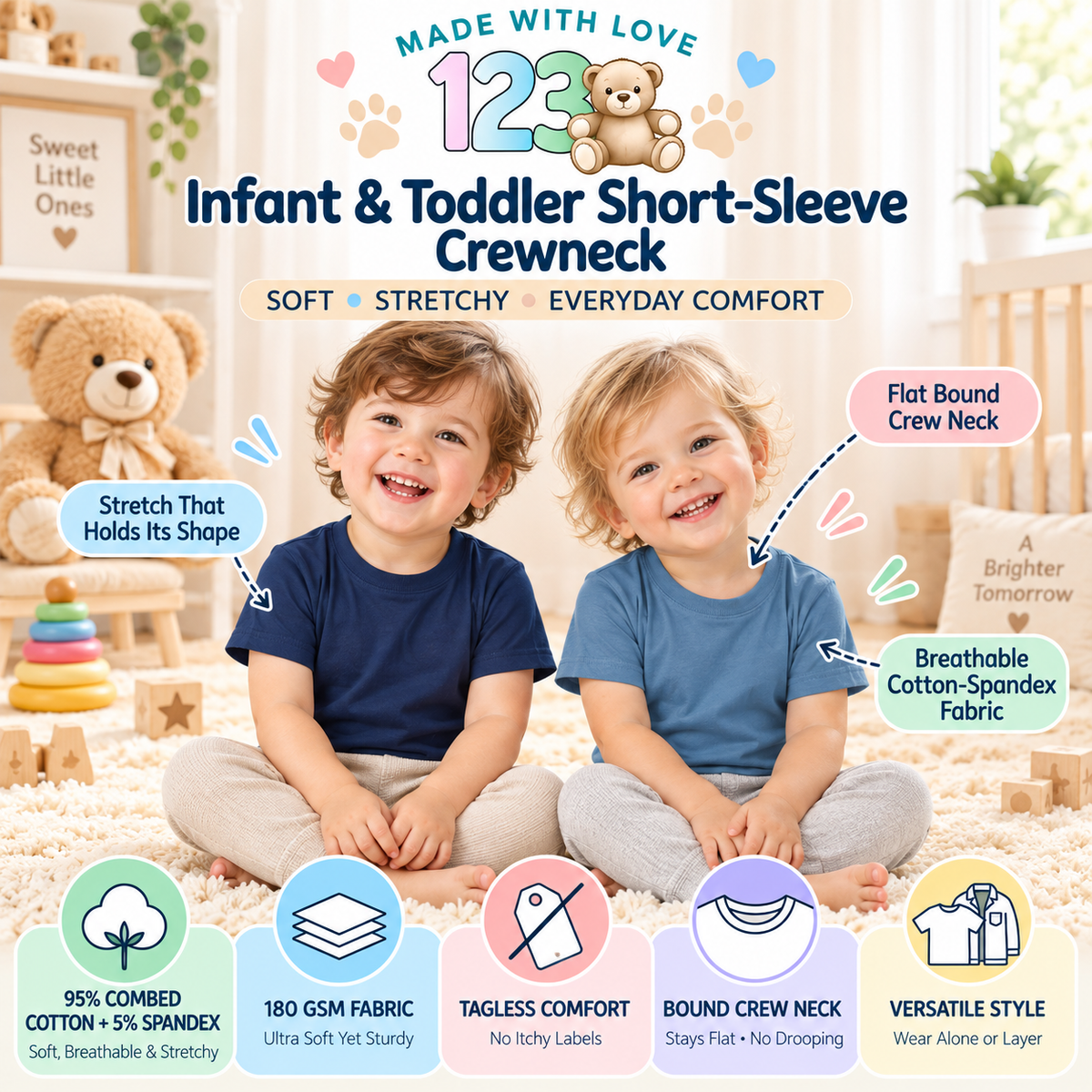 123 Bear Infant & Toddler Soft Cotton Spandex Short Sleeve T-Shirts, Plain Tees for Boys & Girls