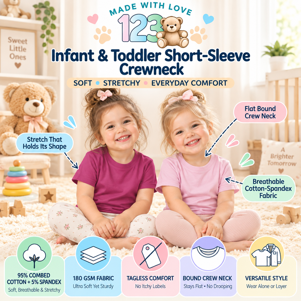 123 Bear Infant & Toddler Soft Cotton Spandex Short Sleeve T-Shirts, Plain Tees for Boys & Girls