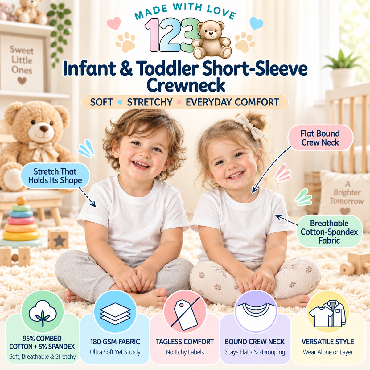 123 Bear Infant & Toddler Soft Cotton Spandex Short Sleeve T-Shirts, Plain Tees for Boys & Girls