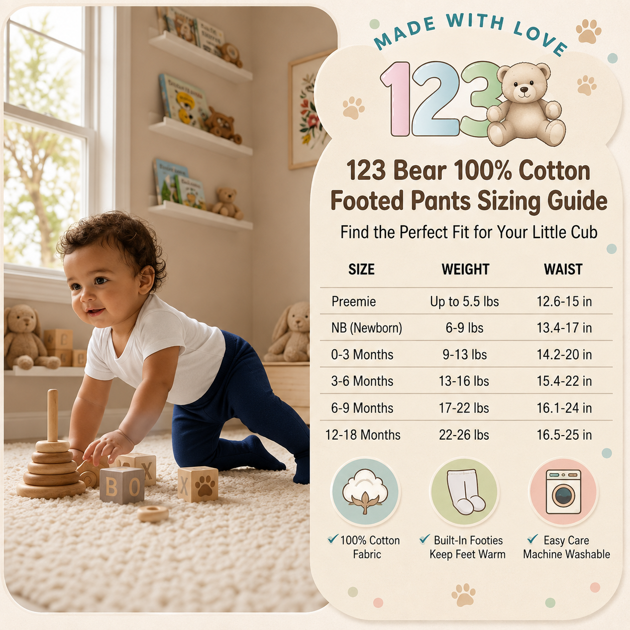123 Bear 100% Cotton Baby Pants with Footies - 2 Pack