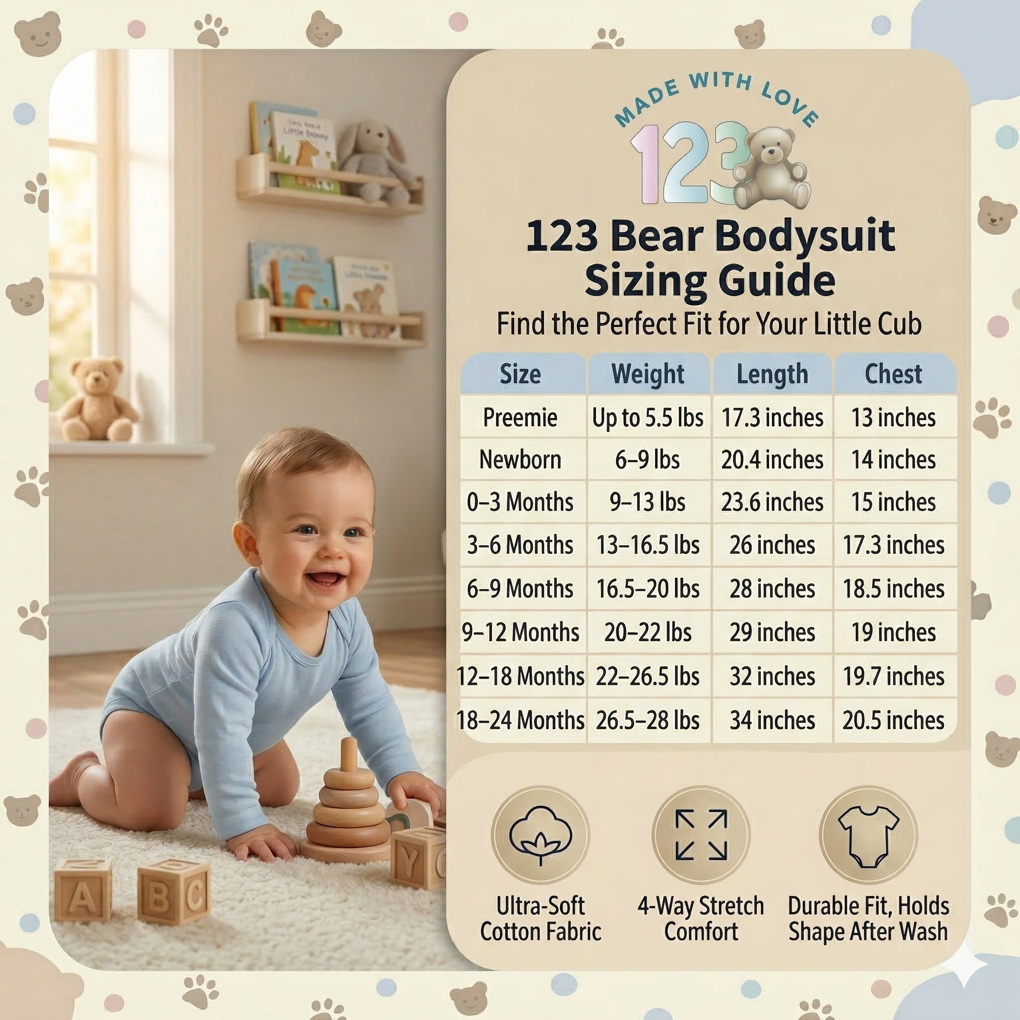 123 Bear Cotton Spandex Baby Bodysuits-Long Sleeve 3 Pack