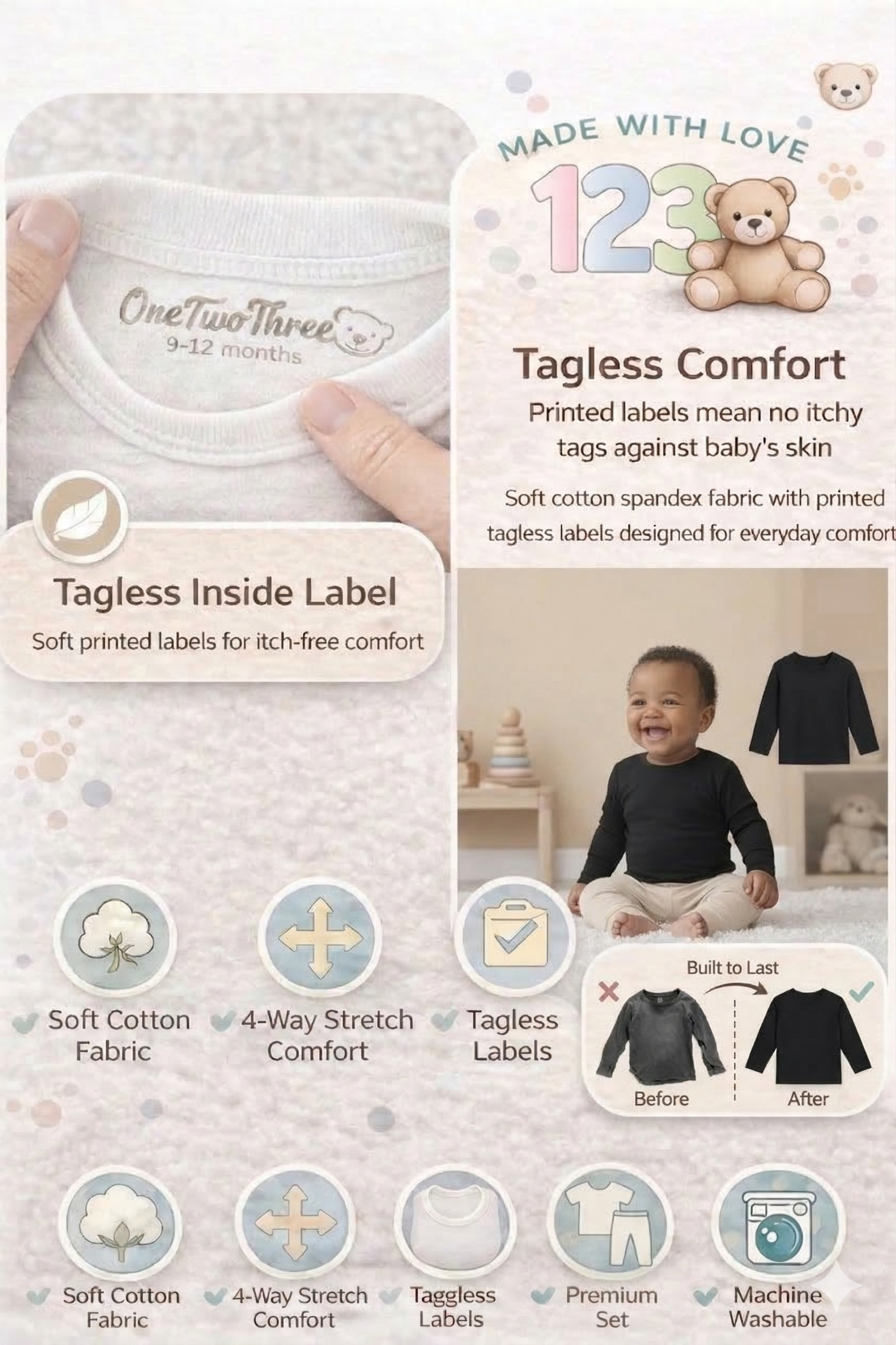 123 Bear Cotton Spandex Baby Bodysuits-Long Sleeve 3 Pack