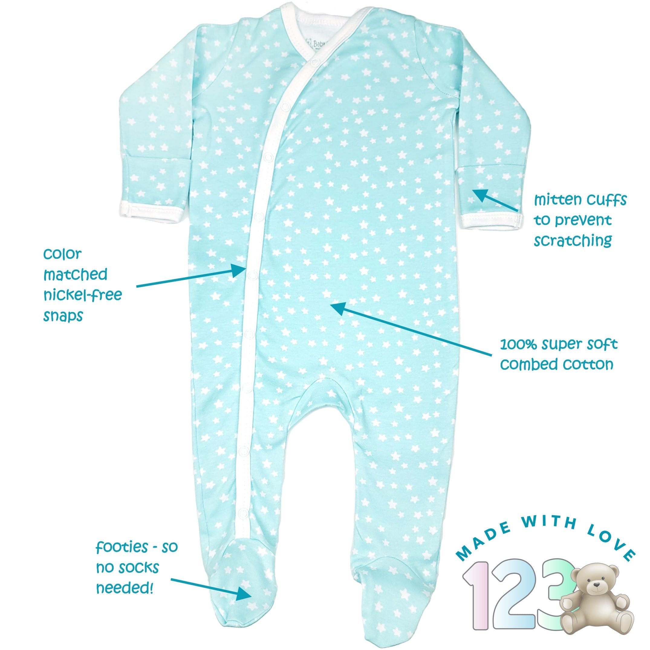 123 Bear 2 Pack Footed Sleep-N-Play PJs Rompers Jumpsuit100% Cotton with Mitten Cuffs Unisex Boys Girls