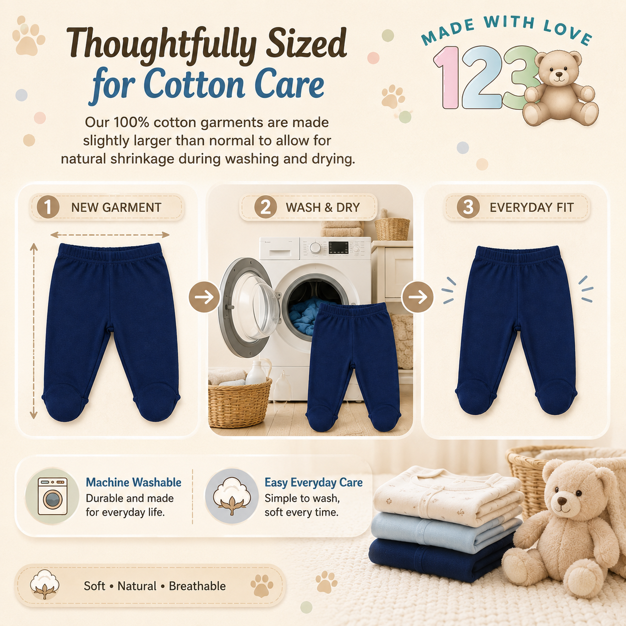 123 Bear 100% Cotton Baby Pants with Footies - 2 Pack