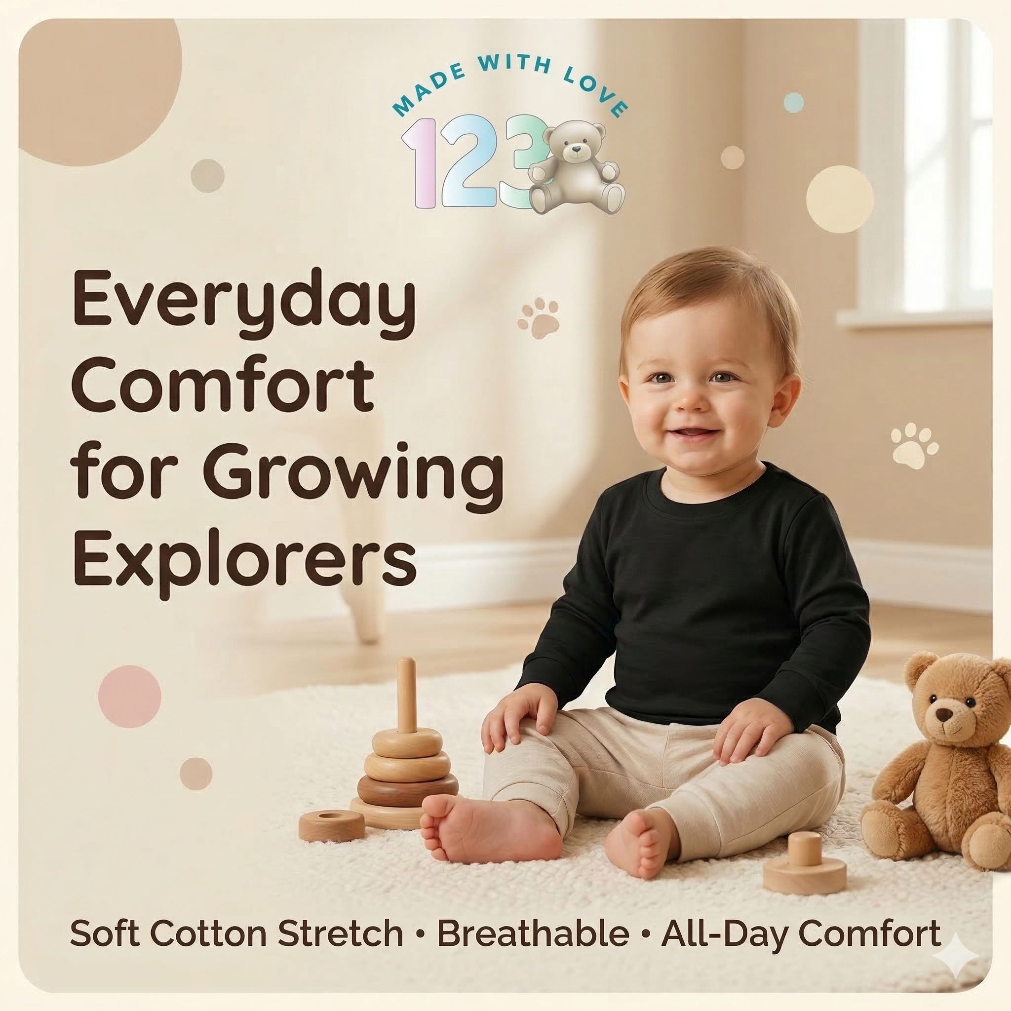 123 Bear Ultra-Soft Cotton Spandex Baby Pants- Multipack