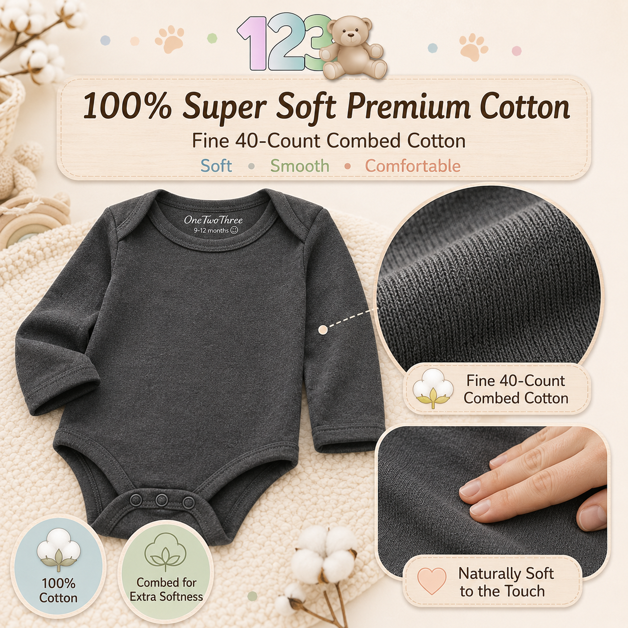 123 Bear Baby 100% Combed Cotton Bodysuits-Boys