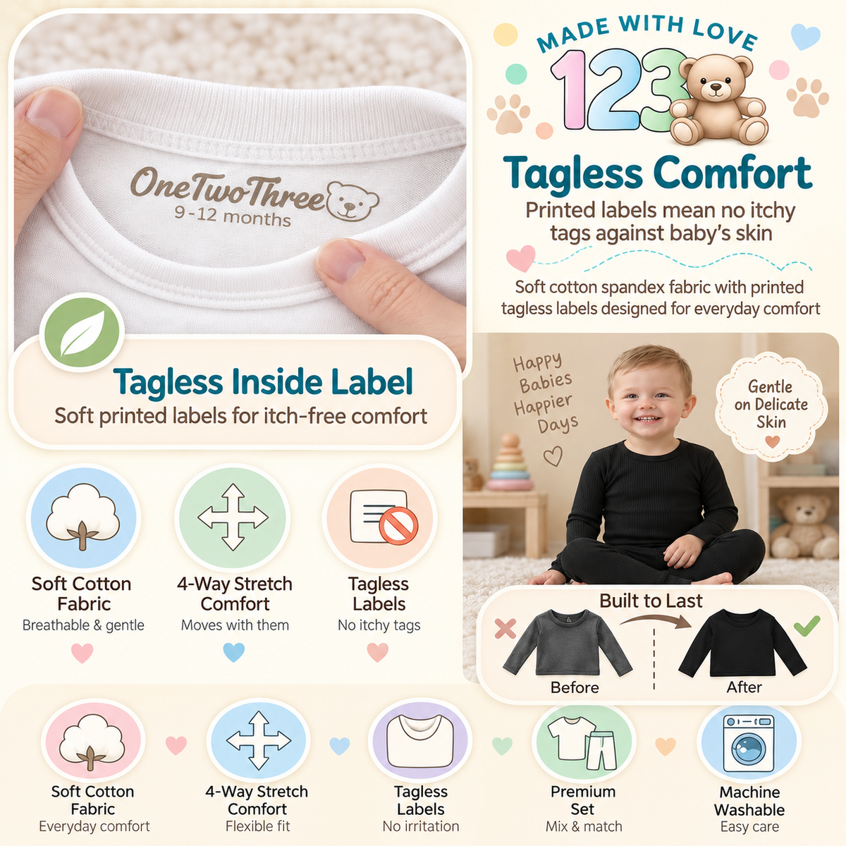 123 Bear Infant & Toddler Soft Cotton Spandex Long Sleeve T-Shirts for Boys & Girls