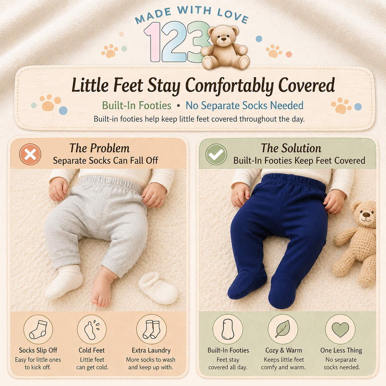 123 Bear 100% Cotton Baby Pants with Footies - 2 Pack