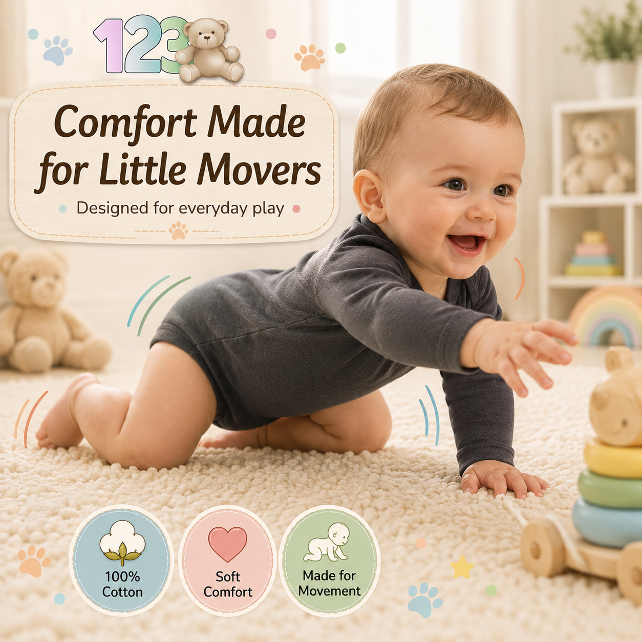 123 Bear Baby 100% Combed Cotton Bodysuits-Boys