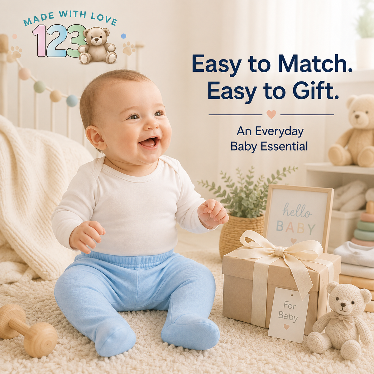 123 Bear Cotton Spandex Baby Pants with feet- 3 Pack(Boys)