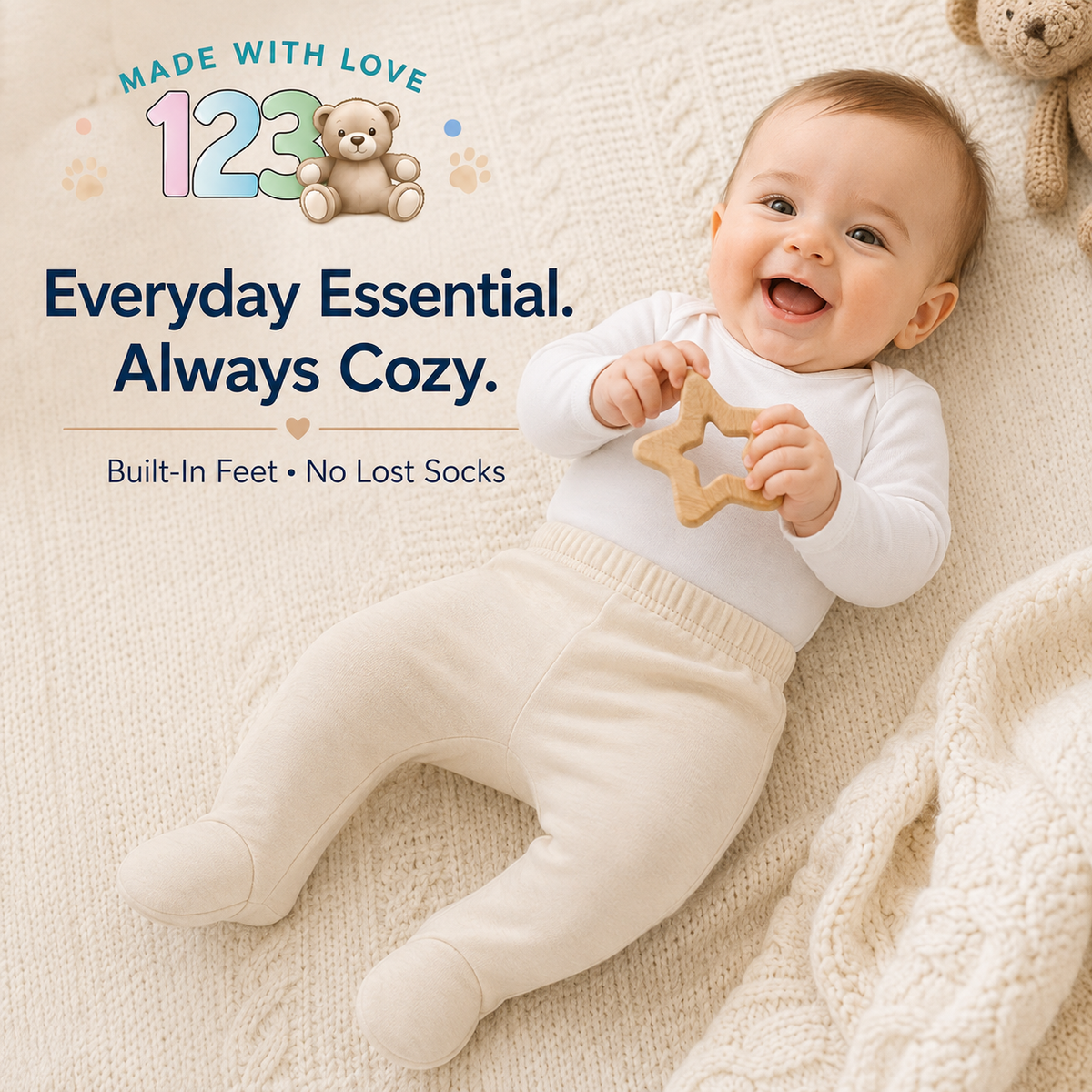 123 Bear Cotton Spandex Baby Pants with feet- 3 Pack(Unisex)
