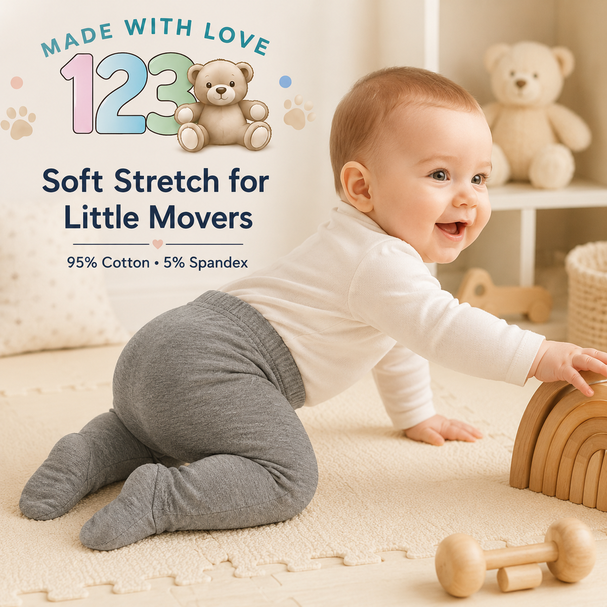 123 Bear Cotton Spandex Baby Pants with feet- 3 Pack(Boys)
