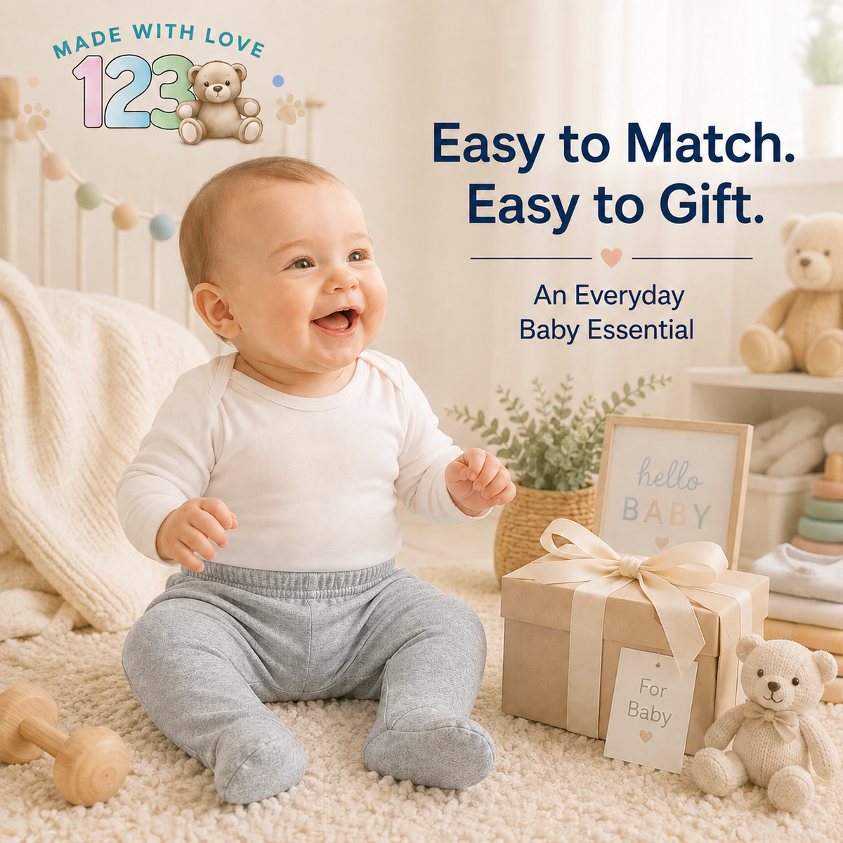 123 Bear Ultra-Soft Cotton Spandex Baby Pants with Feet- 4 Pack(Unisex)