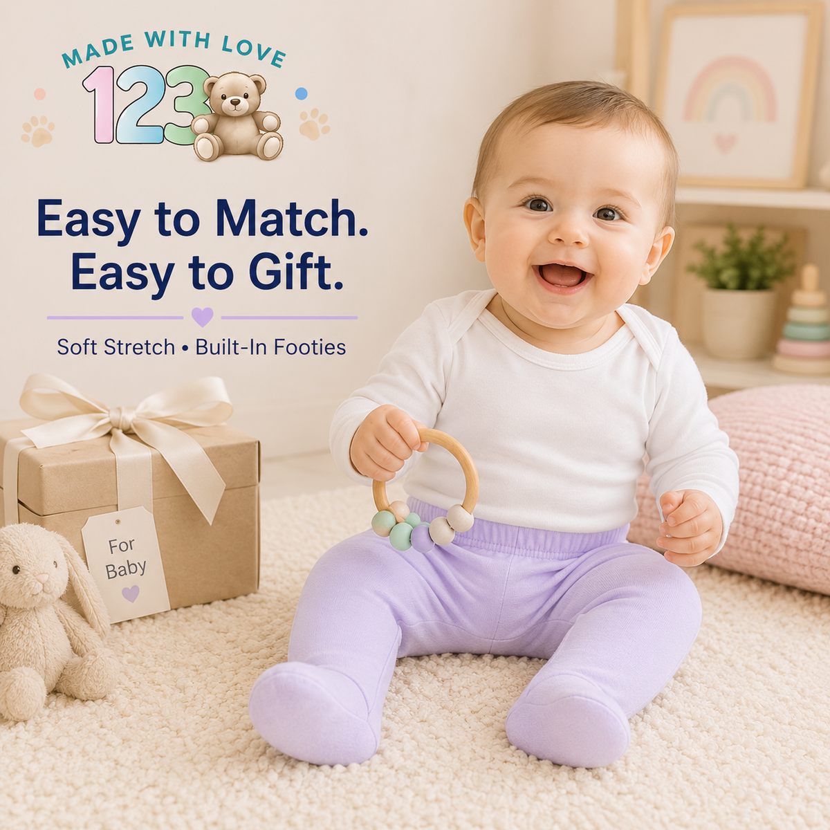 123 Bear Ultra-Soft Cotton Spandex Baby Pants with Feet- 4 Pack(Girls)