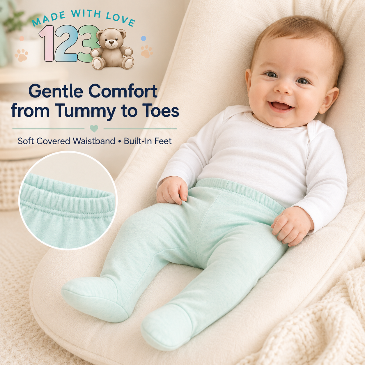 123 Bear Ultra-Soft Cotton Spandex Baby Pants with Feet- 4 Pack(Unisex)