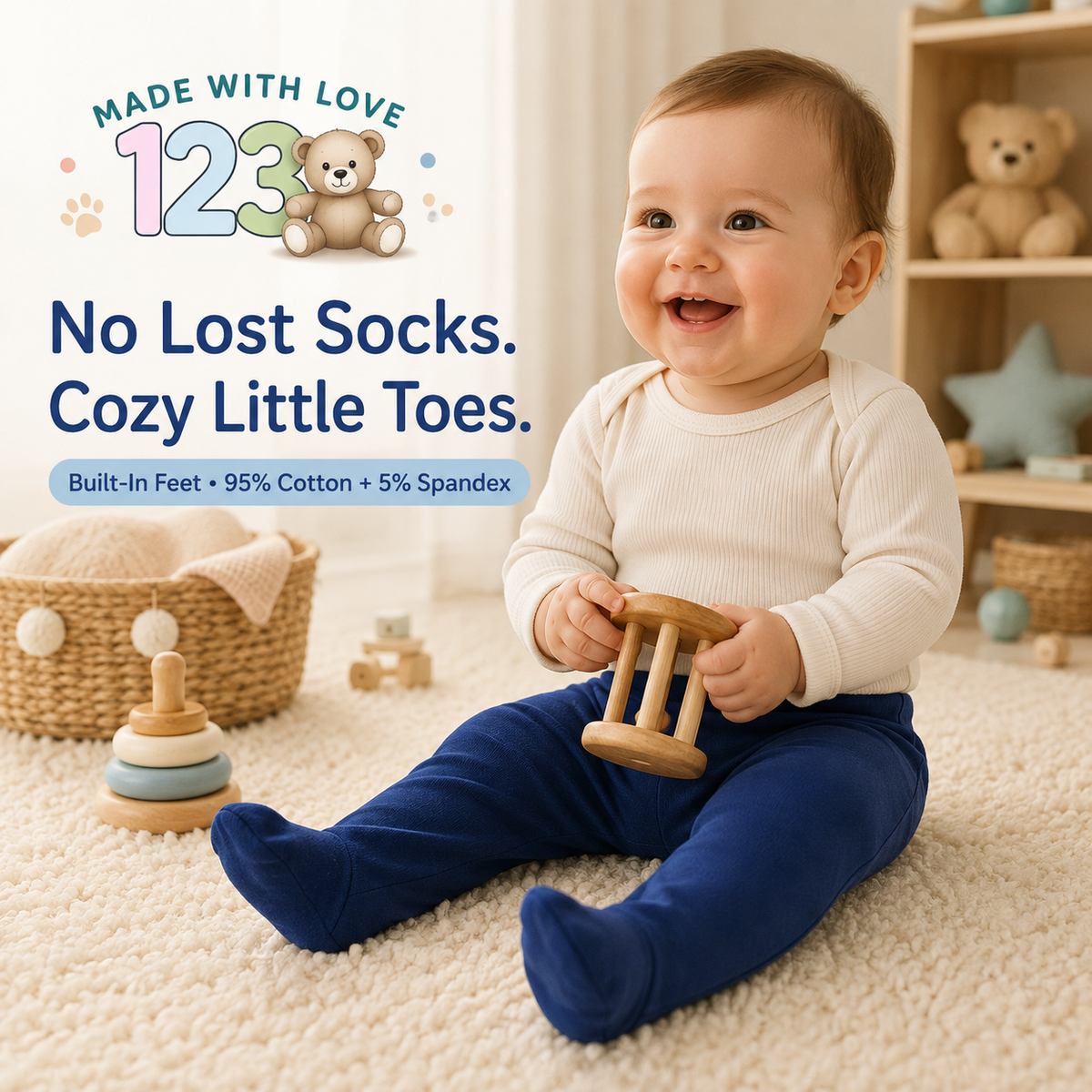 123 Bear Cotton Spandex Baby Pants with feet- 3 Pack(Boys)