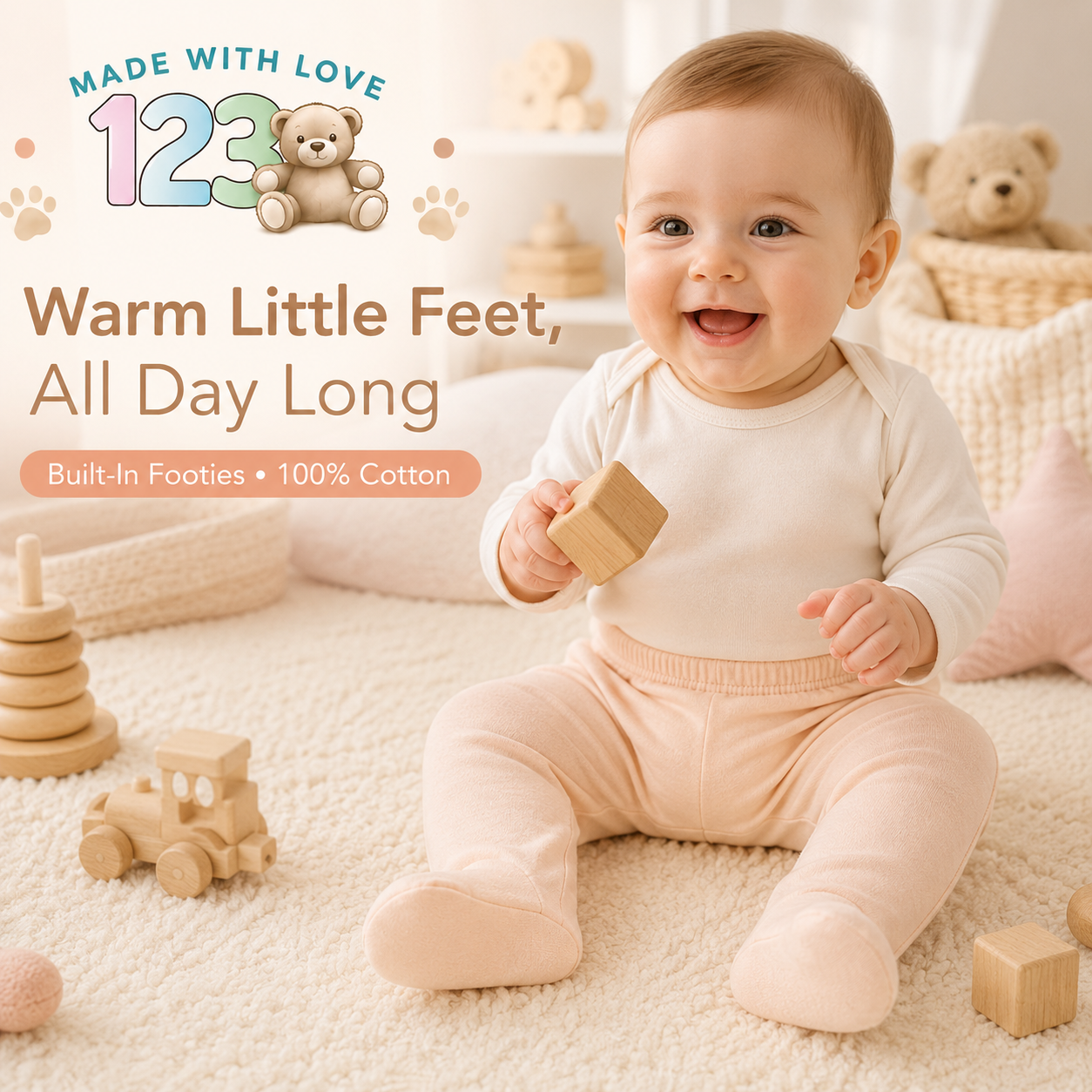 123 Bear Ultra-Soft Cotton Spandex Baby Pants with Feet- 4 Pack(Girls)