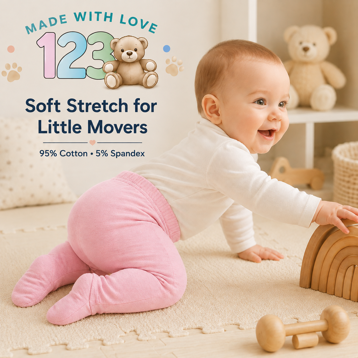 123 Bear Ultra-Soft Cotton Spandex Baby Pants with Feet- 4 Pack(Girls)