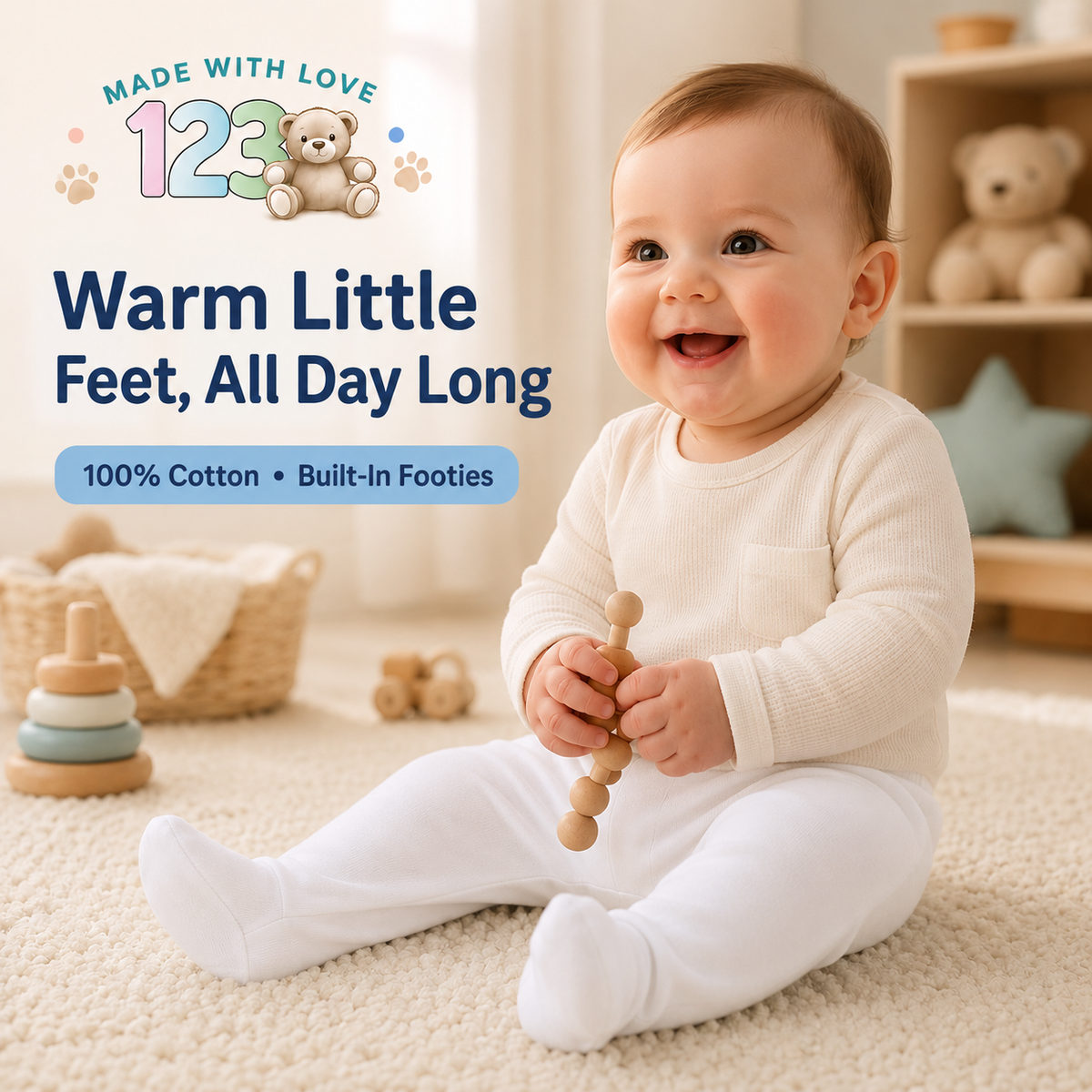 123 Bear Cotton Spandex Baby Pants with feet- 3 Pack(Unisex)