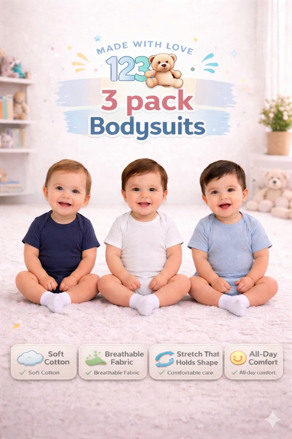 123 Bear Cotton Spandex Baby Bodysuits- Short Sleeve Multipack(Boys)