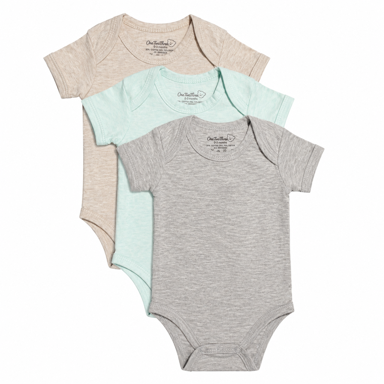 123 Bear Cotton Spandex Baby Bodysuits- Short Sleeve 3 Pack