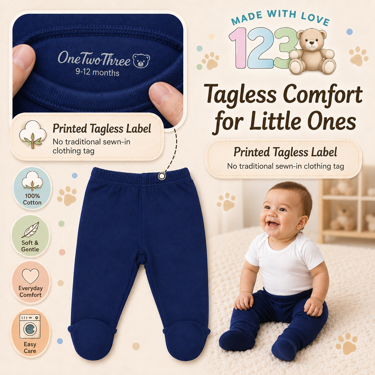 123 Bear 100% Cotton Baby Pants with Footies - 2 Pack
