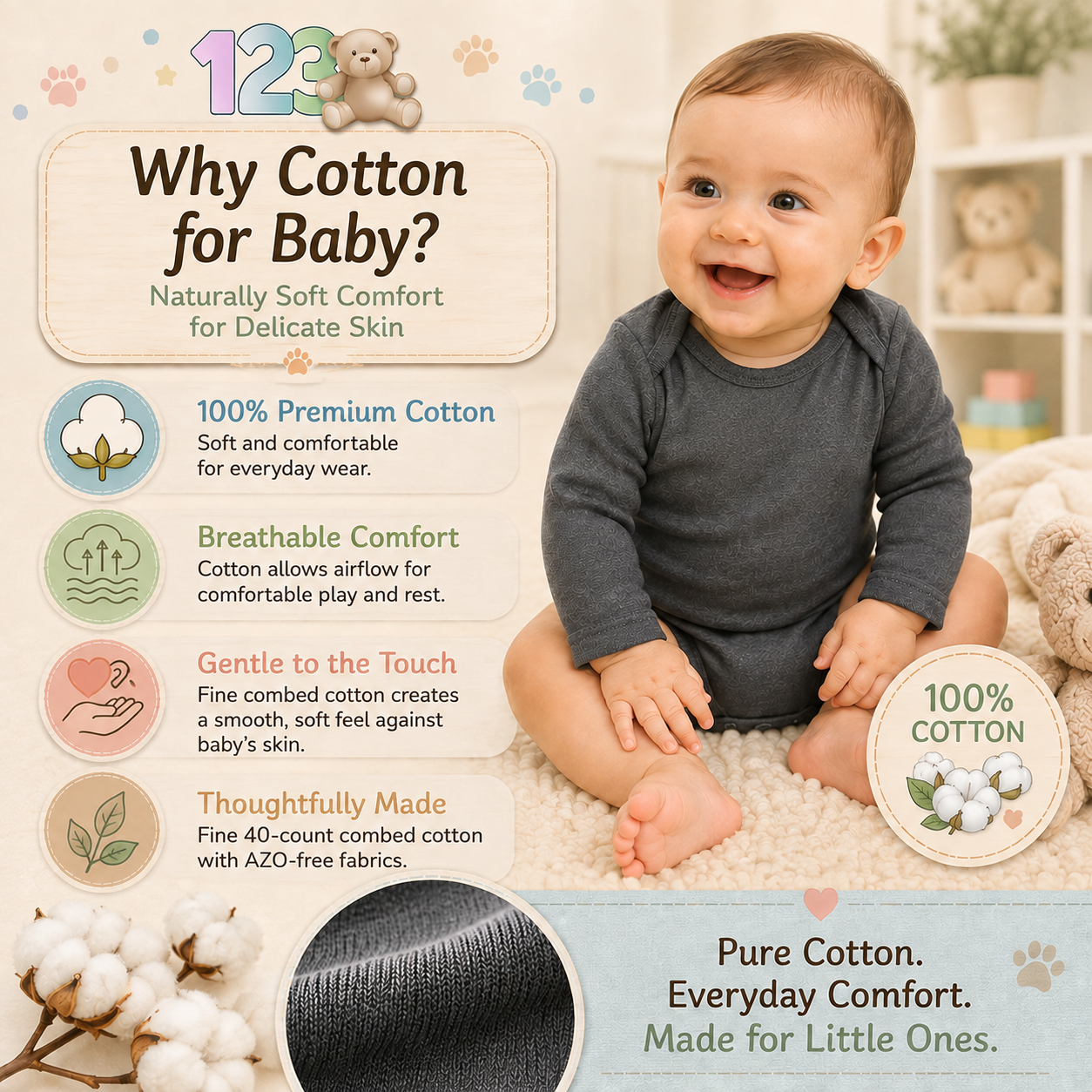 123 Bear Baby 100% Combed Cotton Bodysuits-Boys