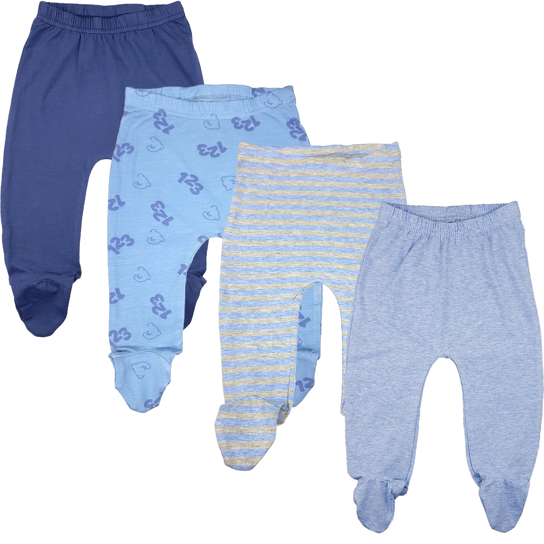 123 Bear Ultra-Soft Cotton Spandex Baby Pants with Feet- 4 Pack