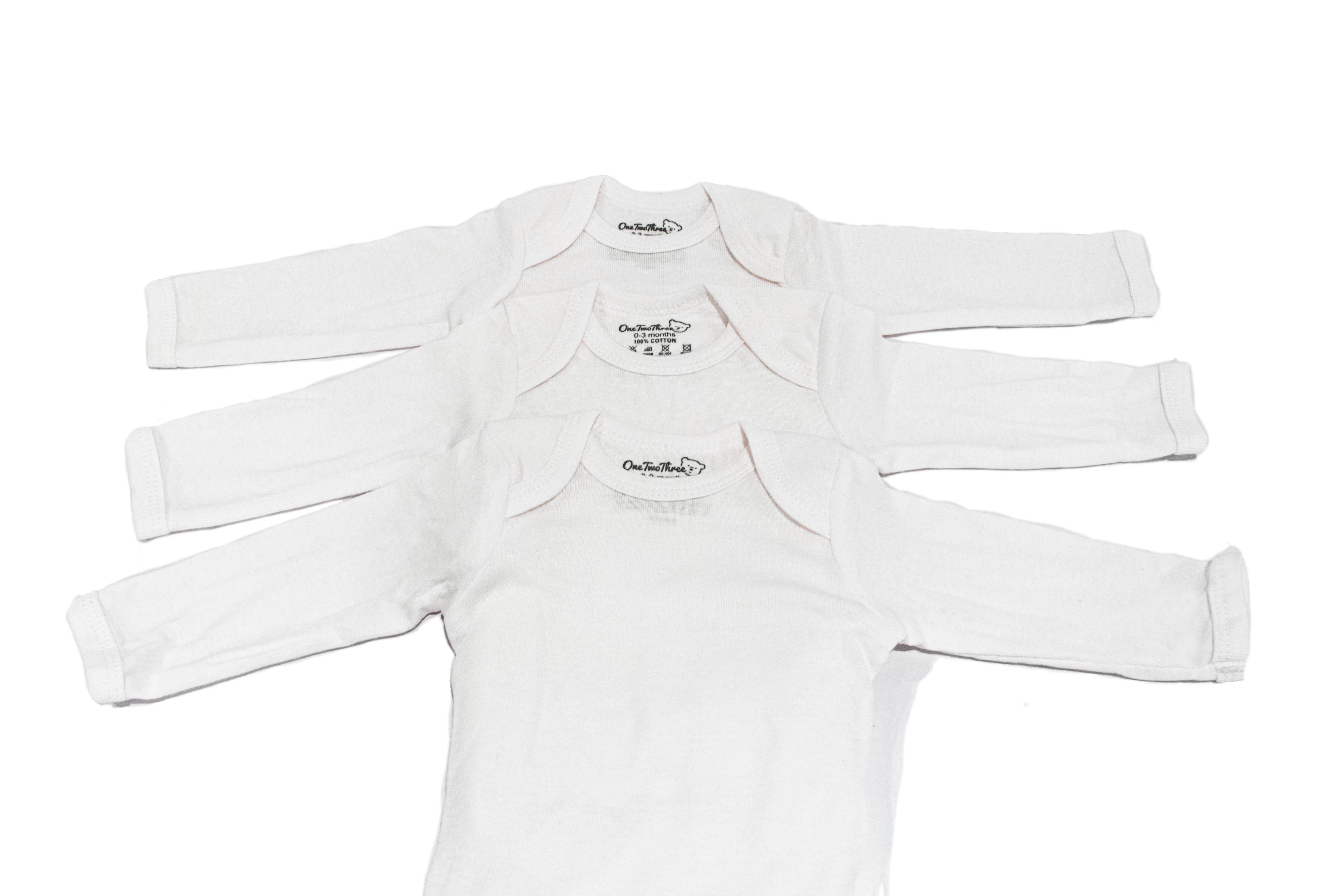 3 Pack Long Sleeve Baby Bodysuit White 100% cotton